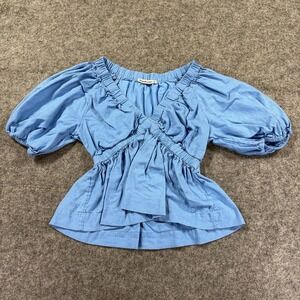 Abercrombie Fitch Babydoll Top Women Medium Blue Linen Puff Sleeve Crop Y2K Boho
